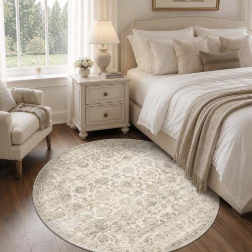 JOOJA 4x4 Beige Vintage Soft Low Pile Washable Boho Small Round Kitchen Rug - Image 3