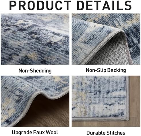 8x10 Area Rugs for Living Room: Washable Abstract Blue Gold Bedroom Carpet - Image 5