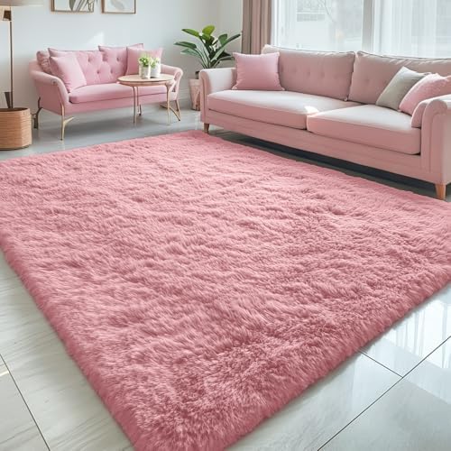 OLANLY 5x7 Machine Washable Large Area Rugs for Living Room, Bedroom, Soft Fluffy Shaggy Bedside Rug, Indoor Floor Carpet for Kids Girls and Boys, Dorms, Nursery, Home Decor Aesthetic, Pale Pink by OLANLY