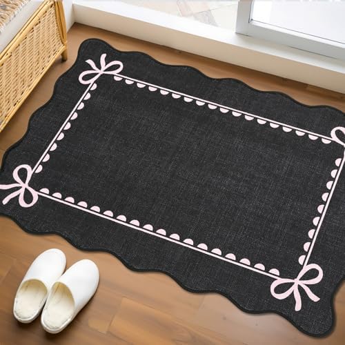 GarveeHome Scalloped Entryway Rug 2x3 Washable Bow Rug, Black Pink by GarveeHome