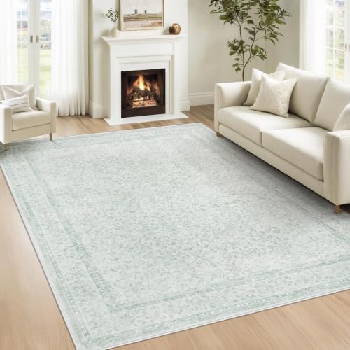 5x7 Area Rugs for Living Room: Washable Vintage Floral Rug Low Pile Non-Slip Boho Carpet for Nursery Bedroom Dining Room (Green, 5'x7') by LOSBULAKE