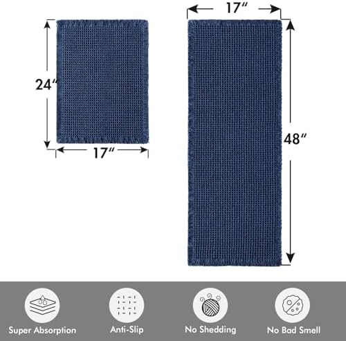 MIULEE Set of 2 Waffle Bathroom Rugs Navy Blue Bath Mat 17"x24"+17"x48" - Image 2