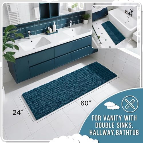 Yimobra Bathroom Runner Rug 60x24 Inch - Extra Long Non Slip Chenille Bath Mat, Soft & Absorbent, Machine Washable Shaggy Hallway Carpet for Vanity Tub Shower, Peacock Blue Home Decor Accessories - Image 2
