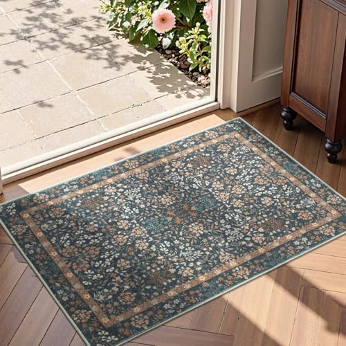 jinchan 2x3 Washable Entryway Area Rug, Floral Non-Slip, Dark Blue by JINCHAN
