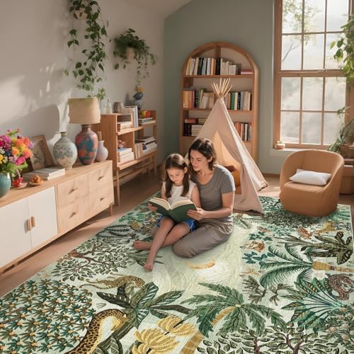 GarveeHome 6x9 Area Rug Jungle Green Washable Rugs for Living Room Bedroom, Soft Low Pile Non Slip Accent Floor Mat Animal Print Tiger Throw Rug Indoor Carpet Dining Room Playroom - Image 3