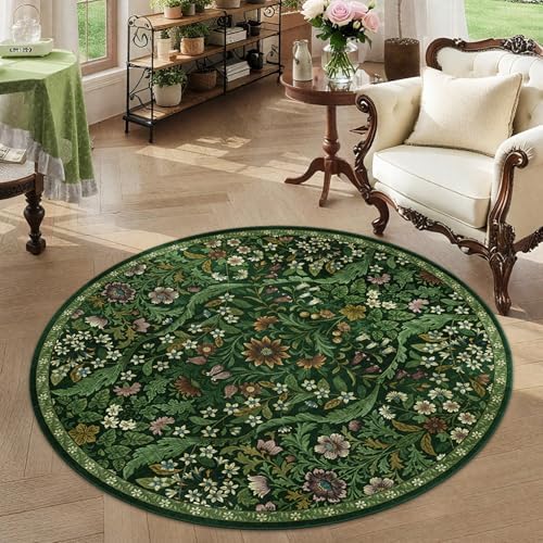 Round Rug 4ft Floral Circle Rug Green Botanical Indoor Area Rug by NakedCloud