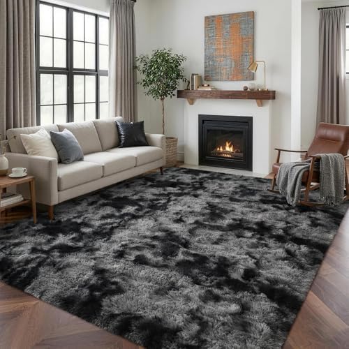 5x7 Ft Large Shag Rug for Living Room Bedroom,Tie-Dyed Ultra Soft Fluffy Furry Area Rug, Aesthetic Carpet for Indoor Floor Home Decor(Dark Grey) by Lo%CC%80utiRootHome