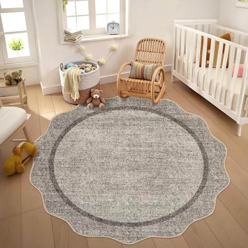 GarveeHome Scalloped Washable Small Round Rug 3 ft Non-Slip, Brown - Image 3
