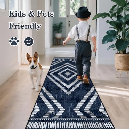 Boho Runner Rugs for Hallway 2x6ft Non Slip, Navy Blue Washable Kitchen Rug Runner, Soft Moroccan Low Pile Geometric Farmhouse Laundry Floor Carpet for Entryway Bedroom Bathroom - Image 5