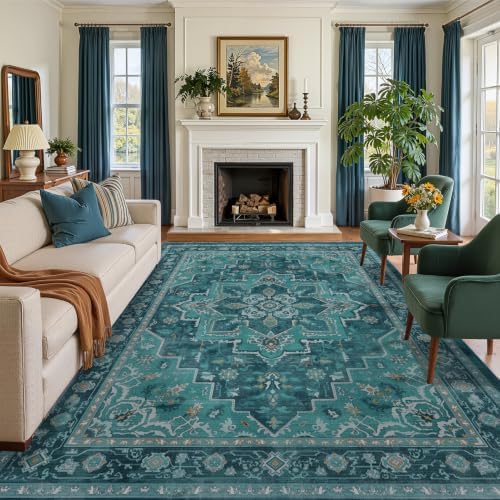 Washable Area Rug 8'x10' Living Room, Vintage Medallion, Boho Teal by Jainmy