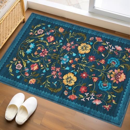 GarveeHome Blue Floral 2x3 Washable Rug Small Door Mat by GarveeHome