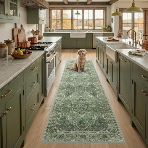 RELEANY Washable Area Rug, Runner 2'x8', Green/Dark Green/Gray by RELEANY