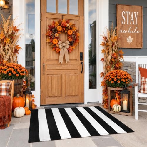 KIMODE Black and White Outdoor Rug Fall Front Door Mats Layered Porch Rug by Collive