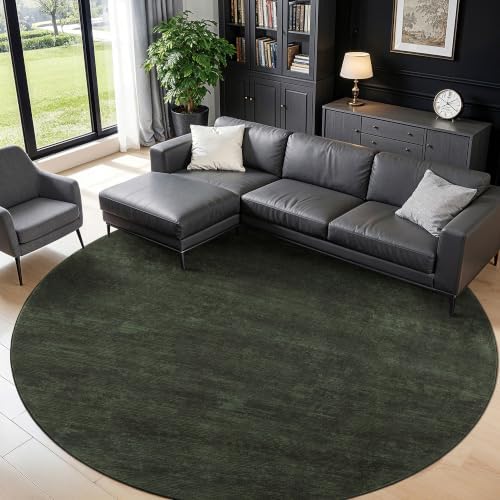 6 FT Washable Rug, Dark Green Solid Round Rugs for Living Room & Bedroom by LIANLAM