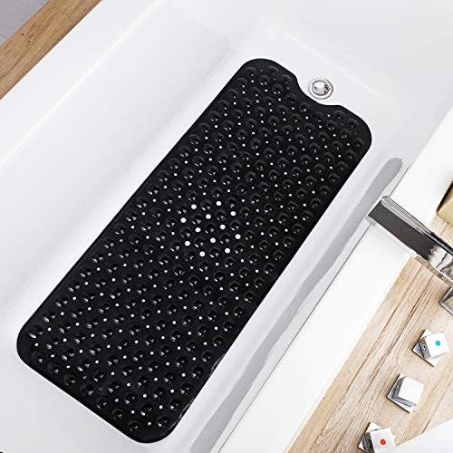 TEESHLY Bathtub Mats for Shower Tub, Extra Long Non-Slip 39 x 16 Inch Bath Mat with Drain Holes and Suction Cups, BathMat for Bathroom with Machine Washable (Opaque Black) by TEESHLY