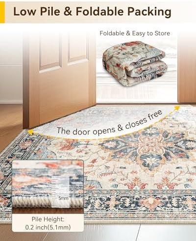 RELEANY Washable Area Rug, 4'x6', Beige/Blue/Orange - Image 4
