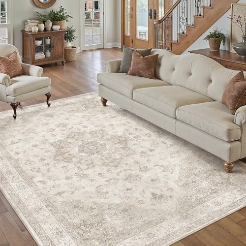 PureCozy Beige 5x7 Washable Area Rug Vintage Oriental Medallion Carpet by PureCozy