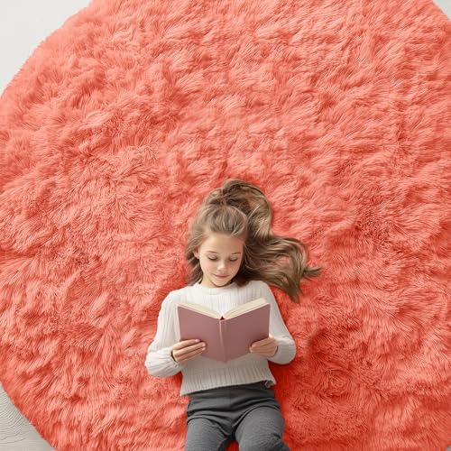OLANLY Coral Red Round Rugs for Bedroom - Machine Washable, 7 ft Circle Area Rugs for Living Room, Soft and Fluffy Shaggy Carpet for Teen Girl and Boys, Nursery Rooms, Dorms, Home Decor Aesthetic by OLANLY
