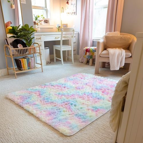 Ophanie Soft Fluffy Shaggy Rugs for Bedroom Living Room Dorm Nursery Home Decor Aesthetic,Color Light Rainbow,Size 4' x 6' - Image 6