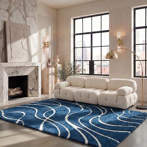 SAFAVIEH Area Rug 8x10 - Florida Shag Collection - Large - Navy & Ivory, Non-Shedding & Easy Cleaning, Plush Thick Pile, Ideal for Living Room, Bedroom, Dining Space (SG471-6512) by Unknown