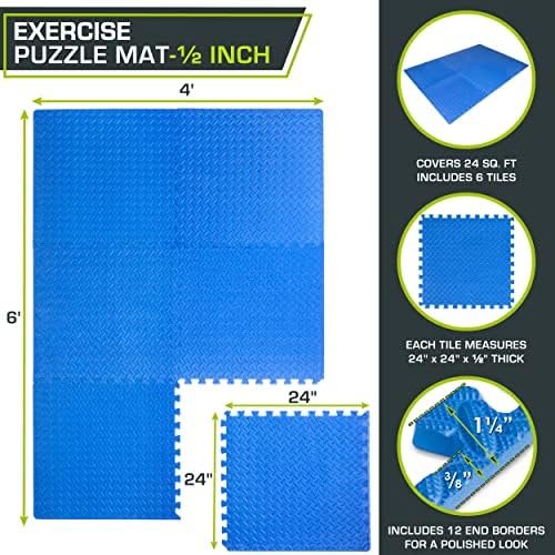 ProsourceFit Exercise Puzzle Mat ½-inch, EVA Interlocking Foam Floor Tiles for Home Gym, Workout Equipment, Kids Play Areas, Blue, 24 SQ FT - 6 Tiles - Image 2