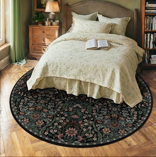 Round Rug 8ft Floral Circle Rug Black Botanical Indoor Area Rugs - Image 2