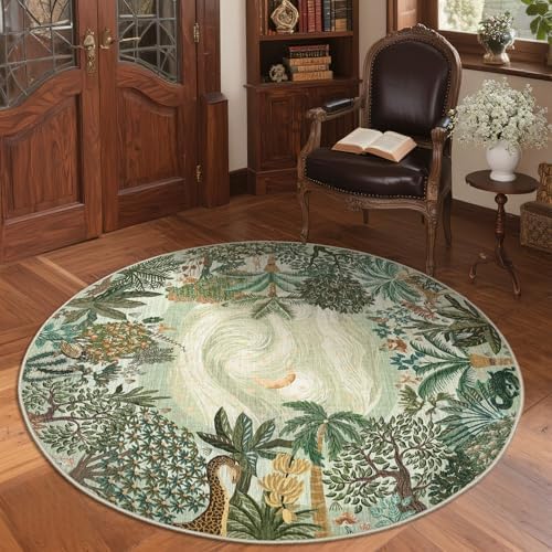 GarveeHome Round Area Rugs 4ft for Kids Room, Green Jungle Washable Circle Rug Soft Non Slip Forest Animal Print Floor Mat Tiger Carpet Indoor Thin Tent Rug for Bedroom Dining Room Playroom Nursery - Image 3