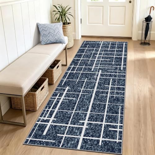 Blue 2x6 Runner Rug Non Slip, Modern Distressed Stripe Carpet Runners for Hallway 6ft, Low Pile Stain Resistant for Entryway Laundry, Washable & Easy to Clean Carpet by TTelephant