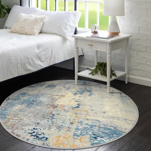 Lahome Modern Abstract Round Rug 4Ft, Blue Washable Front Door Mat Soft 4x4 Circle Rug for Entryway Bedroom Non Slip, Contemporary Indoor Floor Carpet for Living Room Sofa Bedroom Nursery Decor - Image 3
