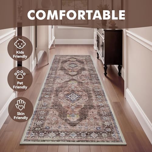 2x6 ft Bedroom Runner Rugs for Hallways Non Slip Hallway Runner Rugs Washable Kitchen Runners Rug Entryway Laundry Room Rug Dresser Runners Long Pink Brown - Image 2