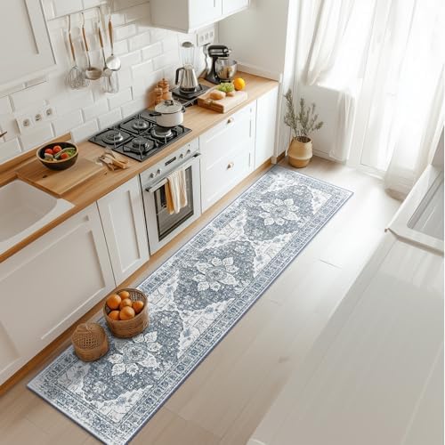 BESTSWEETIE 2x8 Area Rug Washable Rugs for Living Room, No Pile Boho Carpet for Entryway Bedroom Dinning Room, Vintage Carpet Print Distressed Non-Slip, 2 x 8 ft, Blue Grey White by BESTSWEETIE
