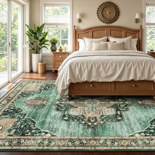 8x10 Green Area Rugs for Living Room Bedroom, Vintage Washable Rug - Image 3