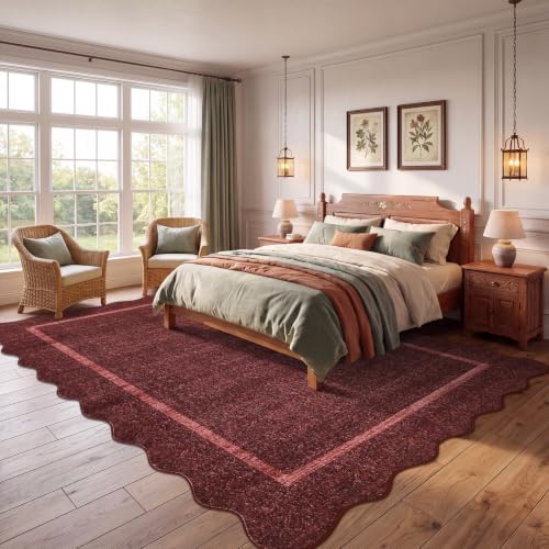 GarveeHome Scalloped Area Rug 4x6 - Washable Non-Slip Entryway Rug Burgundy - Image 2