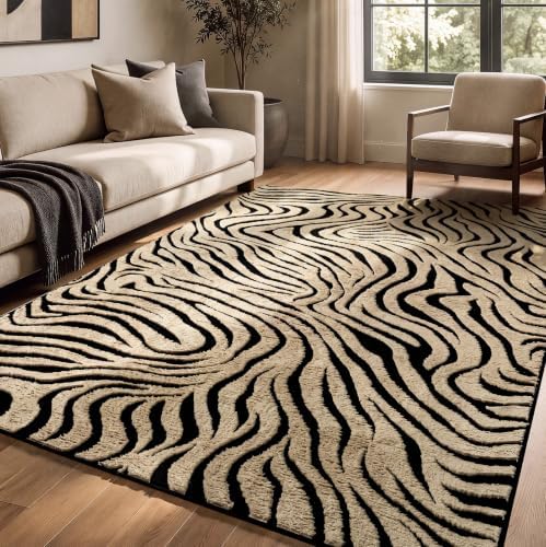 YIHOUSE 5×7 Ft Zebra Area Rugs Black and Beige: Washable Nonslip Plush Soft Rug for Living Room - High-Low Striped Carpet for Bedroom Dining Room Office Playroom Nursery Home Decor by YIHOUSE