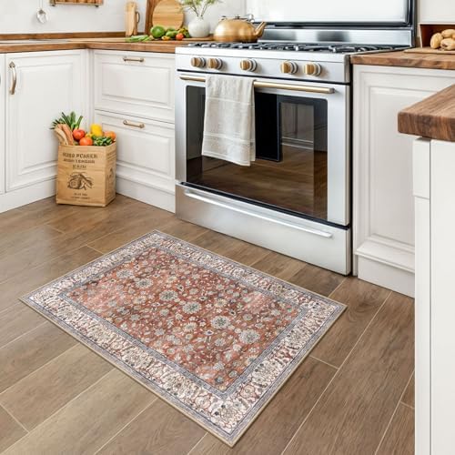 KUTA Vintage Floral Red Clay Entryway Rug 2x3 Kitchen Area Rug - Image 2