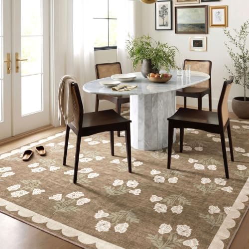8x10 Area Rug for Living Room - Soft Washable Boho Bedroom Rug Non Slip Stain Resistant Tan Cottage Neutral Farmhouse Floral Scalloped Rugs for Bedroom Nursery Dining Room Rugs Under Table - Image 5