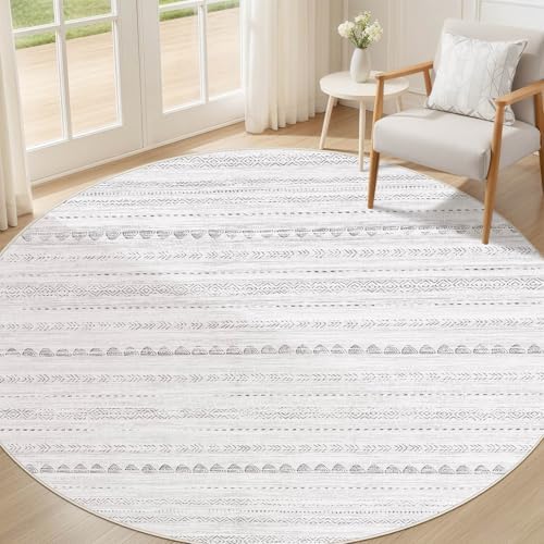 Nakagishi Round Rug Boho Area Rugs: 4x4 Washable Large Circle Neutral Soft Stain Resistant Non-Slip Carpet for Women Aged 25-45 Farmhouse Decor Enthusiasts - Living Room Bedroom Dining Room Nursery by NakagishiAreaRug