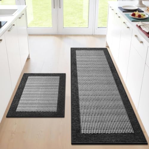 StepRite Kitchen Rugs 2 PCS, Kitchen Mats for Floor, 20"x32"+20"x60", Black by Bringcushiontoyourlife