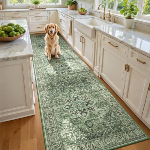 Sage Green 2x8 Hallway Runner Rugs, Non-Slip Vintage Rug for Kitchen by Vibrug