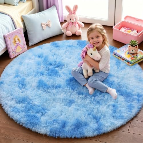 PAGISOFE Round Area Rugs for Boys Bedroom 5Ft Light Blue, Fluffy Circle Rug for Kids Room, Non-Slip, Super Soft Fluffy Carpet for Boys Nursery Kids Playroom, Baby Room Decor Dining Room Non-Shedding - Image 4