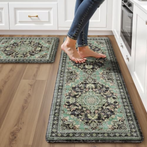 Boho Kitchen Mats for Floor 2PC Anti Fatigue Kitchen Rugs, Black Green by tubeamin