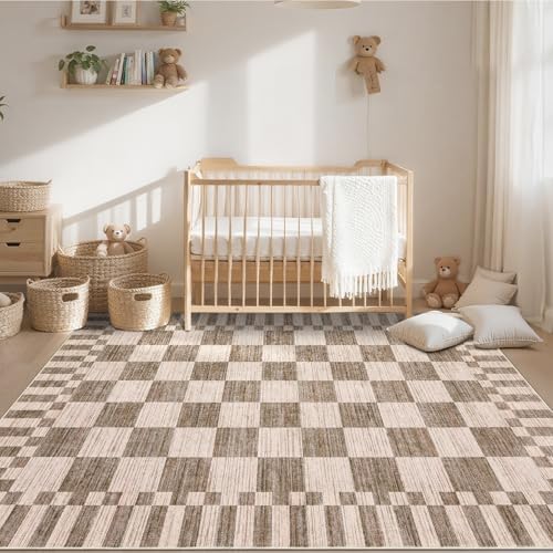 GarveeHome Brown Checkered Rug 5x7 Area Rugs Washable Living Room 5x7 Rug - Image 2