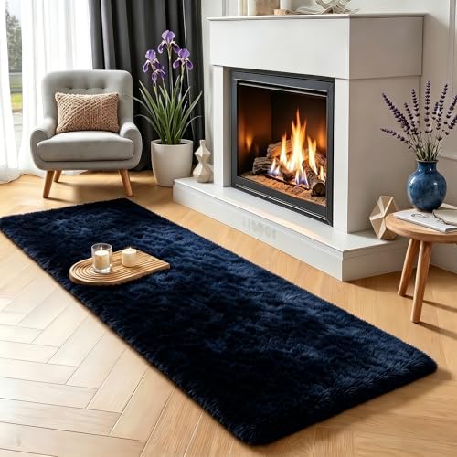 Navy Blue Runner Rug 2x6 Fluffy Dark Blue Bedside Rugs for Bedroom Boy Room by PAGISOFE