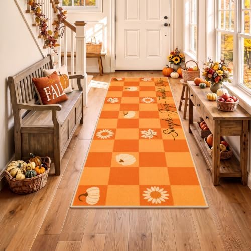 Fall Kitchen Rugs Runner 2'x6', Buffalo Plaid Hello Fall Mats - Image 2