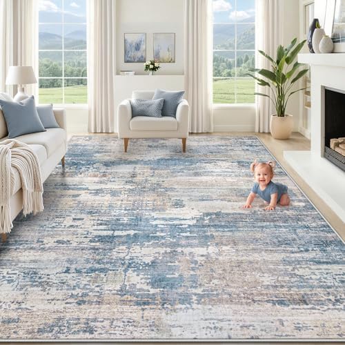 XLUEZ 8x10 Area Rugs for Living Room, Washable Modern Abstract Large Area Rug Neutral Soft Non Slip Kids Rug Stain Resistant Indoor Carpet for Bedroom Nursery Dining Room Playroom(BlueBeige, 8'x10') by XLUEZ