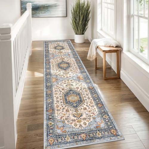 KUTA Vintage Washable Runner Rug, 2x8 Ivory Blue Runners for Hallways - Image 4