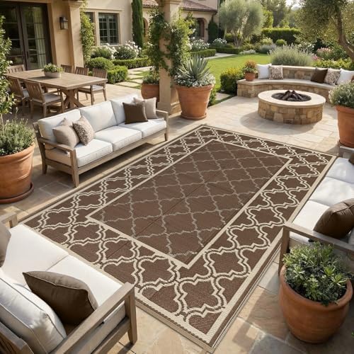 Garvee Reversible Outdoor Rug 5x8, Waterproof Outdoor Plastic Straw Rug with Interlacing Pattern, RV Mat for Picnics, Patio, Camping, Balcony, Deck, Backyard, Porch, Brown - Image 3