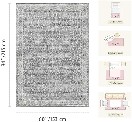 5x7 Grey Rugs for Living Room, Vintage Washable Bedroom Area Rug - Image 2