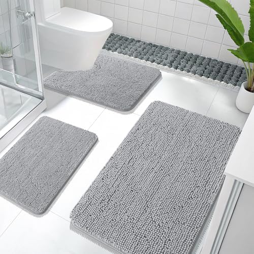 OLANLY Bathroom Rugs Sets 3 Piece, 36"x24"+24"x16"+24"x20", Light Grey by OLANLY