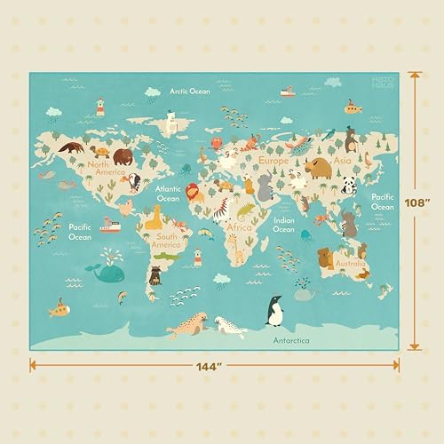 Huge Kids Rugs for Playroom Décor - 9x12 Boho Pastel Classroom Décor for Children, Washable Ultra Soft World Map Carpet with Blue Ocean, Continents & Cute Animals - Image 2
